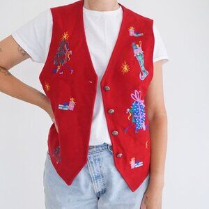Vintage Karen Scott Red Christmas Gifts Embroidery Vest Festive Holiday M